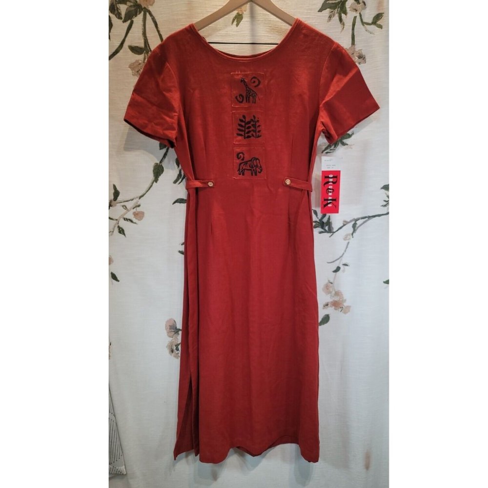 Vintage R&K Originals Dress Long Bohemian Elephant Rust Red Linen/Rayon …